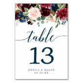 Burgundy Navy Wedding Table Numbers Dubbelzijdig Kaart (Achterkant)