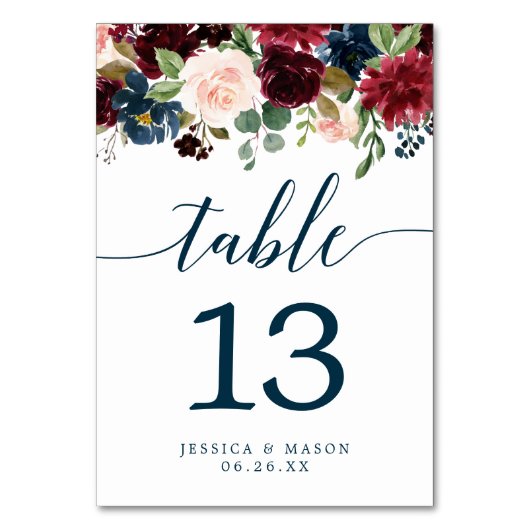 Burgundy Navy Wedding Table Numbers Dubbelzijdig Kaart (Voorkant)