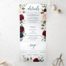 Burgundy Navy Wedding Tri-Fold Uitnodigingen
