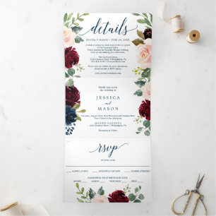 Burgundy Navy Wedding Tri-Fold Uitnodigingen