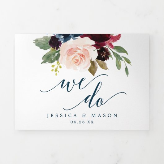 Burgundy Navy Wedding Tri-Fold Uitnodigingen (Cover)