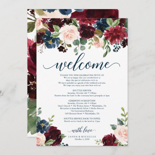 Burgundy Navy Wedding Welcome Itinerary Kaart (Voorkant / Achterkant)