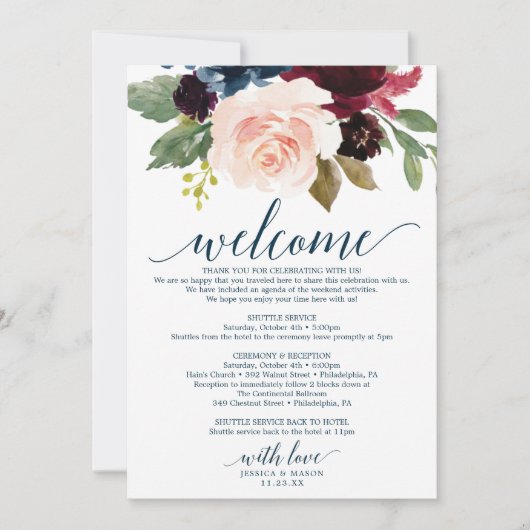 Burgundy Navy Wedding Welcome Itinerary Kaart (Voorkant)