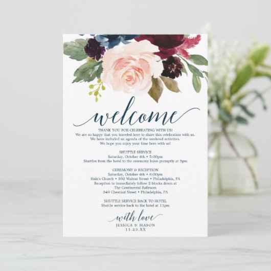 Burgundy Navy Wedding Welcome Itinerary Kaart (Staand voorkant)