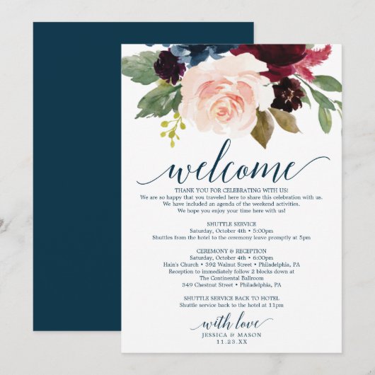 Burgundy Navy Wedding Welcome Itinerary Kaart (Voorkant / Achterkant)