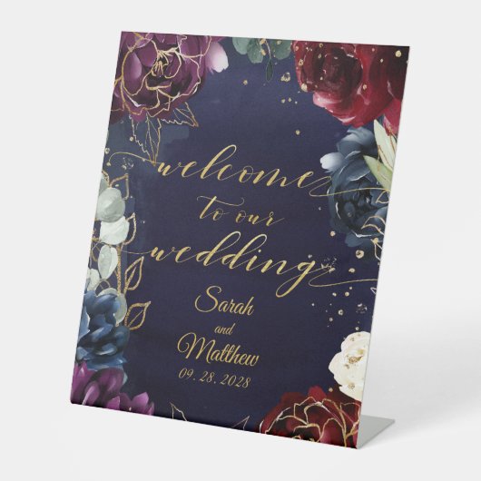 Burgundy Navy Welkom bij ons huwelijk II Reclamebord Met Voetstuk (Voorkant)