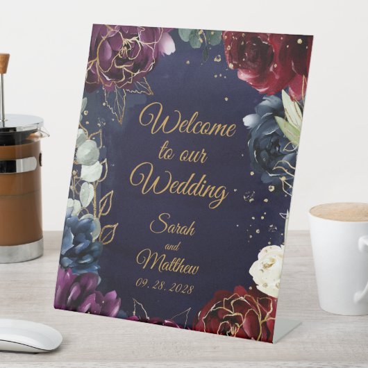 Burgundy Navy Welkom bij ons huwelijk Reclamebord Met Voetstuk (Insitu)