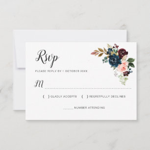 Burgundy navyblauw roze bloemige RSVP kaart