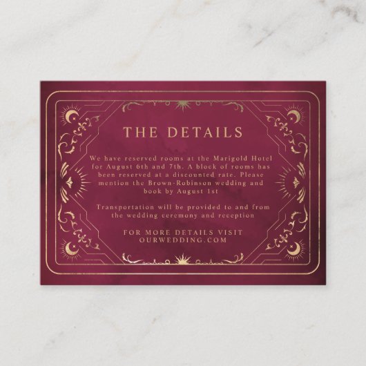 Burgundy Nepgoud Tarot Hemel Bruiloft Details Informatiekaartje (Voorkant)