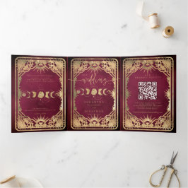 Burgundy & Nepgoud Tarot Hemelbruiloft Drieluik Uitnodiging