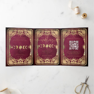 Burgundy & Nepgoud Tarot Hemelbruiloft Drieluik Uitnodiging
