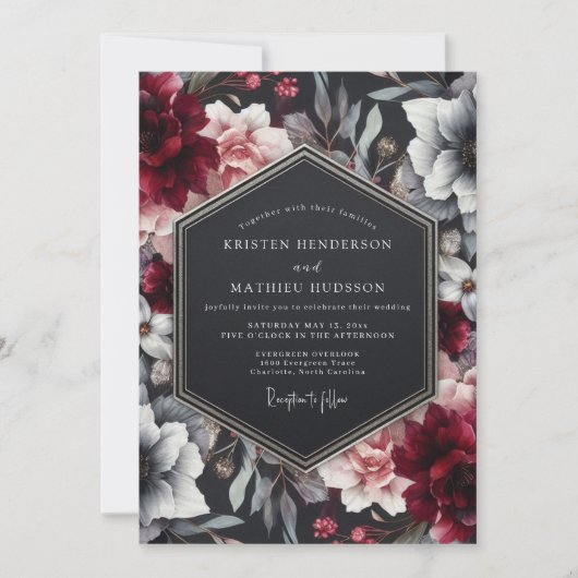 Burgundy Noir Floral Wedding Kaart (Voorkant)