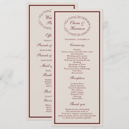Burgundy Old Money Wedding Program Card Kaart (Voorkant / Achterkant)