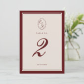 Burgundy Old Money Wedding Table Number Kaart (Staand voorkant)