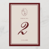Burgundy Old Money Wedding Table Number Kaart (Voorkant)