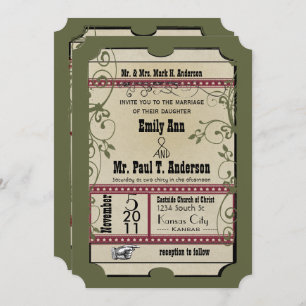 Burgundy & Olive Funky Textured Playbill Weddings Kaart