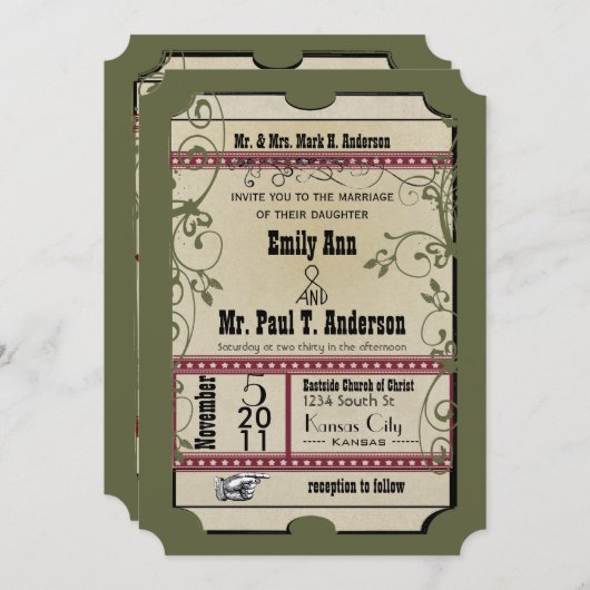 Burgundy & Olive Funky Textured Playbill Weddings Kaart (Voorkant / Achterkant)