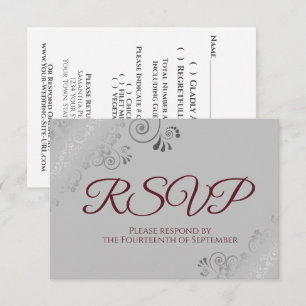 Burgundy op Grijs Elegante Zilveren Bruiloft Kant RSVP Kaartje