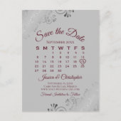 Burgundy op Grijze bruiloft Save the Date Calendar Aankondigingskaart (Voorkant)