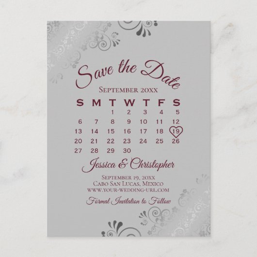 Burgundy op Grijze bruiloft Save the Date Calendar Aankondigingskaart (Voorkant)