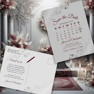 Burgundy op Grijze bruiloft Save the Date Calendar Aankondigingskaart