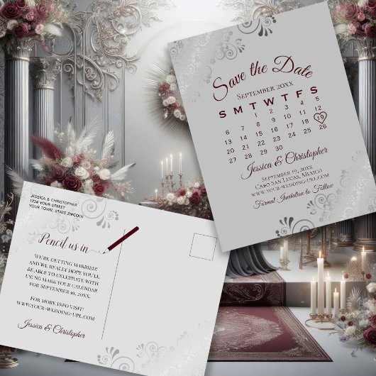 Burgundy op Grijze bruiloft Save the Date Calendar Aankondigingskaart