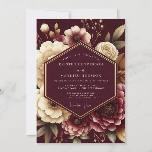 Burgundy Opulent Flora Wedding Kaart (Voorkant)