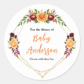 Burgundy Orange Floral Baby Shower Bookplate Ronde Sticker (Voorkant)