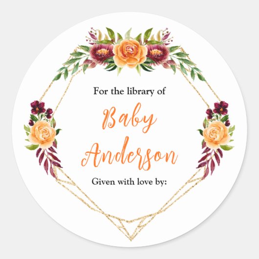 Burgundy Orange Floral Baby Shower Bookplate Ronde Sticker (Voorkant)