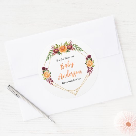Burgundy Orange Floral Baby Shower Bookplate Ronde Sticker (Envelop)