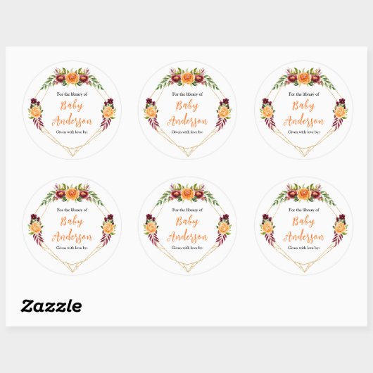 Burgundy Orange Floral Baby Shower Bookplate Ronde Sticker (Vel)