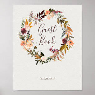 Burgundy Orange Floral   Beige Guest Book Sign Poster