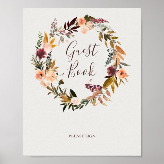 Burgundy Orange Floral | Beige Guest Book Sign Poster (Voorkant)