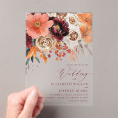 Burgundy Orange Floral Fall Wedding Acryl Uitnodigingen (Insitu (Draagbaar))