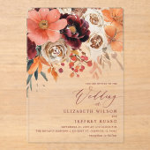 Burgundy Orange Floral Fall Wedding Acryl Uitnodigingen (Voorkant)