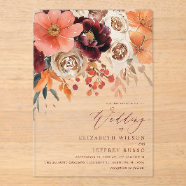 Burgundy Orange Floral Fall Wedding Acryl Uitnodigingen