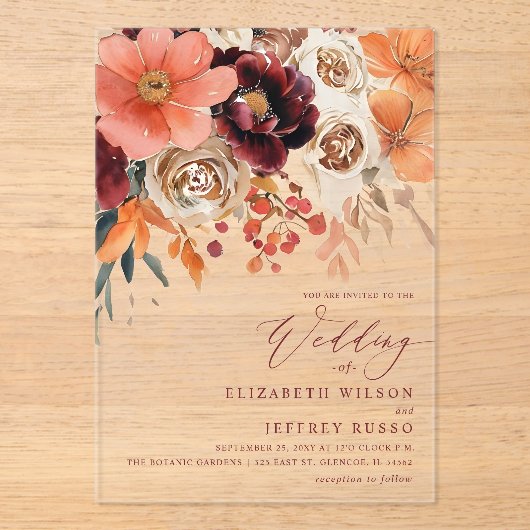 Burgundy Orange Floral Fall Wedding Acryl Uitnodigingen (Voorkant)