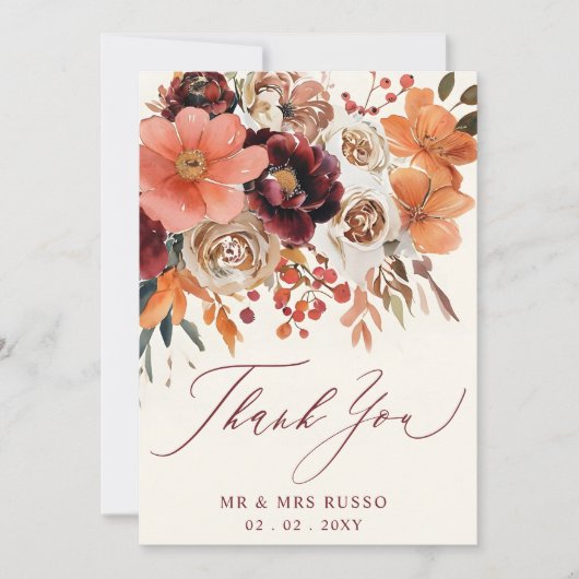 Burgundy Orange Floral Fall Wedding Bedankkaart (Voorkant)