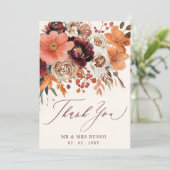 Burgundy Orange Floral Fall Wedding  Bedankkaart (Staand voorkant)