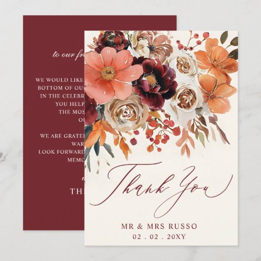 Burgundy Orange Floral Fall Wedding  Bedankkaart (Voorkant / Achterkant)