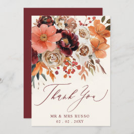 Burgundy Orange Floral Fall Wedding Bedankkaart