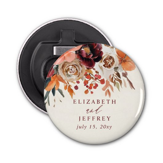 Burgundy Orange Floral Fall Wedding Button Flesopener (Voorkant)