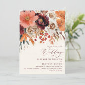 Burgundy Orange Floral Fall Wedding Kaart (Staand voorkant)