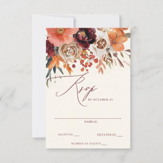 Burgundy Orange Floral Fall Wedding RSVP Kaartje (Voorkant)