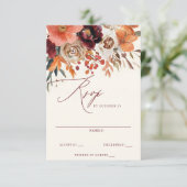 Burgundy Orange Floral Fall Wedding RSVP Kaartje (Staand voorkant)