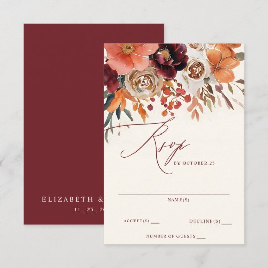 Burgundy Orange Floral Fall Wedding RSVP Kaartje (Voorkant / Achterkant)