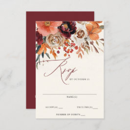 Burgundy Orange Floral Fall Wedding RSVP Kaartje