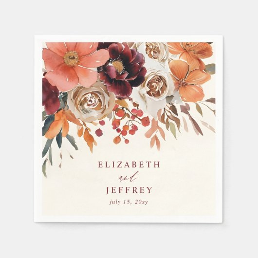 Burgundy Orange Floral Fall Wedding Servet (Voorkant)