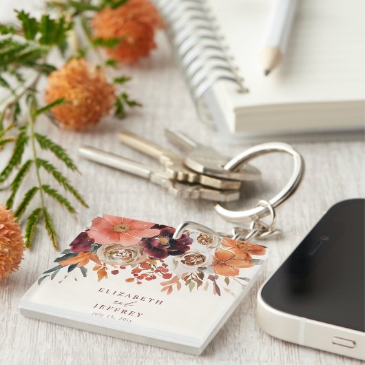 Burgundy Orange Floral Fall Wedding Sleutelhanger (Voorkant Rechts)