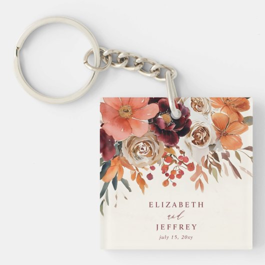 Burgundy Orange Floral Fall Wedding Sleutelhanger (voorkant)